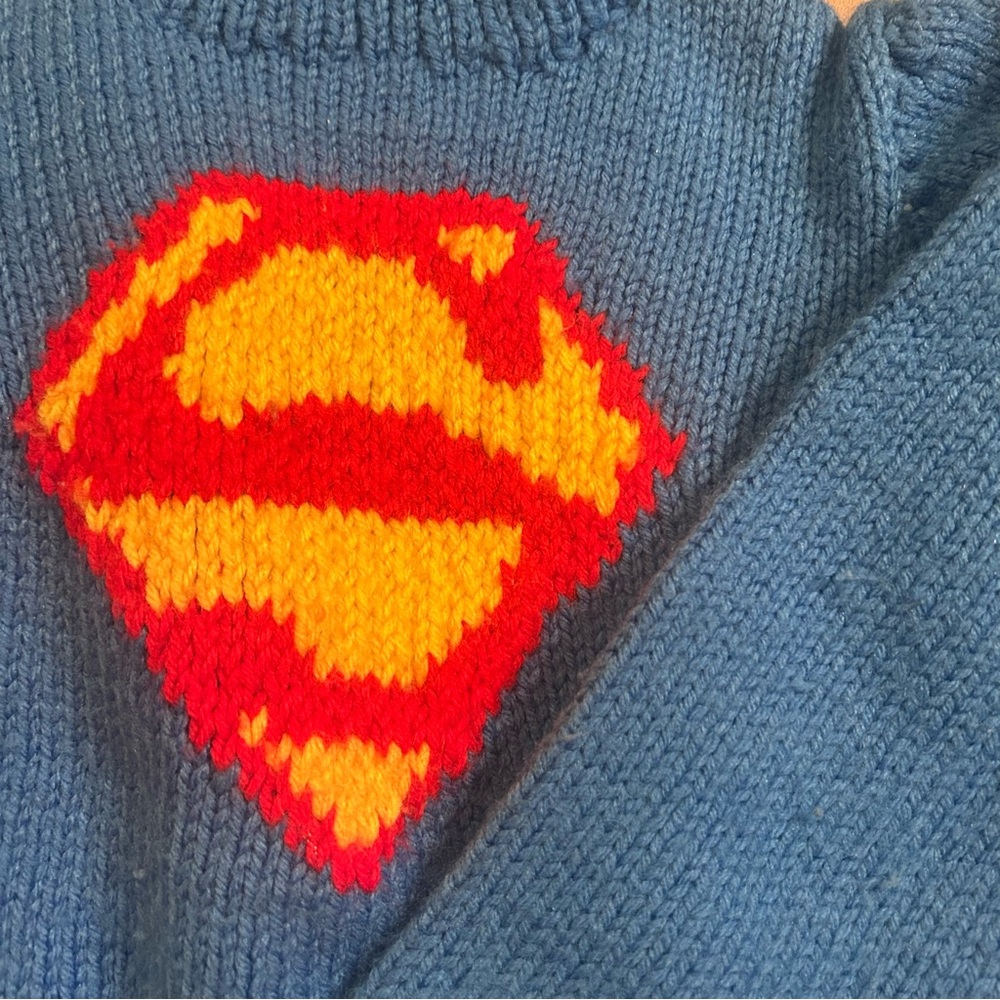 Handmade Knitted Superman Crewneck Pullover Blue Logo Sweater. Toddler Size 3-4